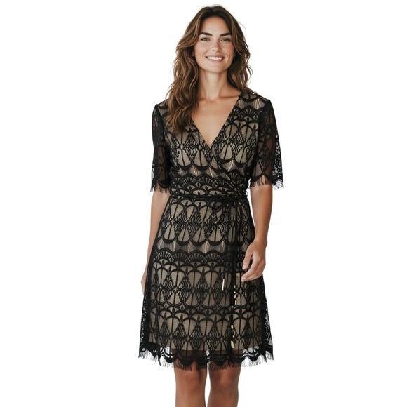 Tacera Dresses & Skirts - Tacera Black Lace Dress Womens Large Nude Lined Cocktail Party Belted